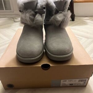 UGG Light Gray Suede Mid-Calf Booties with Shearling Trim